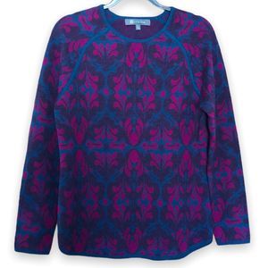 TITLE NINE size L pink green patterned merino wool extrafine crew sweater 159